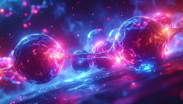 Glowing orbs connected by strands within a vibrant cosmic landscape