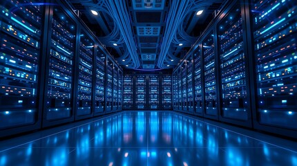 A server room with rows of servers in blue light