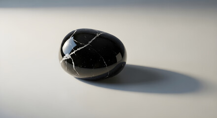 Polished black obsidian stone casts a dramatic shadow on a neutral surface with soft, diffused lighting. isolated on white background