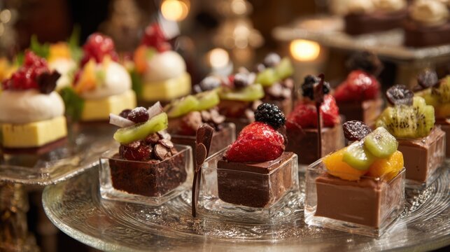 A tray of assorted desserts, including fruit and chocolate, is displayed on a table. The desserts are arranged in small, clear containers, making them easy to see and tempting to eat
