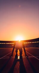Athlete at starting blocks on a track during a vibrant sunset with stadium lights visible