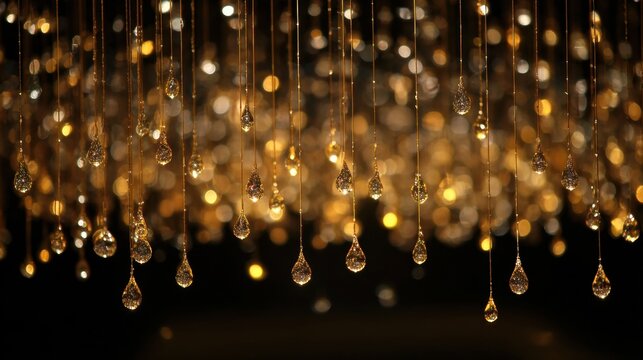 A gold and crystal chandelier with many small crystal droplets hanging from it. The chandelier is suspended from the ceiling, creating a sense of elegance and luxury