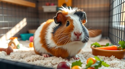 A guinea pig inside a cage with food and bedding