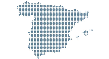 Map of Spain represented by a grid of small blue squares, illustrating its geographical outline and borders on a white background