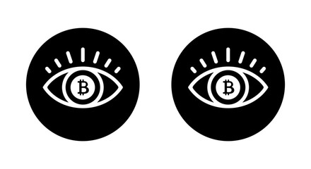 Bitcoin eye icon in black circle. Crypto vision symbol. Digital currency insight sign