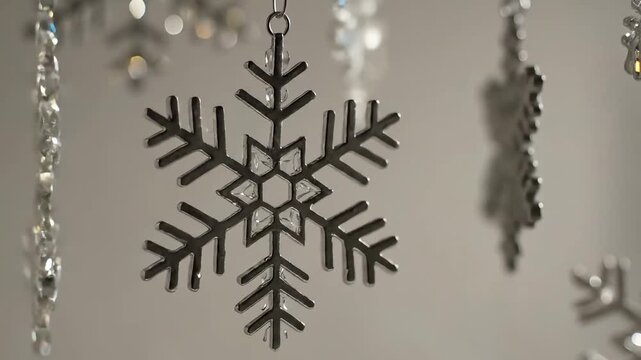 Close-up of hanging snowflake ornaments with bokeh lights in the background.