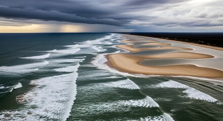 Aerial view of ocean waves crashing onto a sandy beach under dramatic stormy clouds