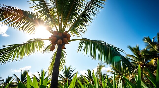 Palm trees against a bright blue sky with sunlight
