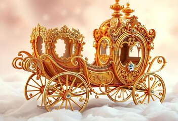 Ornate golden fantasy carriage with intricate filigree details and sparkling accents, set against a soft, dreamlike background,  intricate,  elaborate