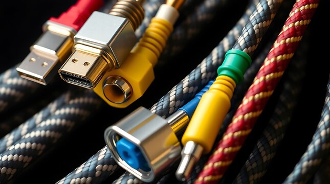 A close up of various types of electronic cables