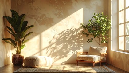 Sun-Drenched Serenity - A Minimalist Interior with Lush Greenery and Natural Light.