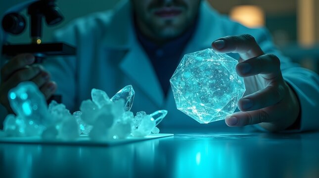 Ultra-realistic close-up of a materials scientist inspecting holographic crystal lattice with atomic overlay under bright clinical lighting