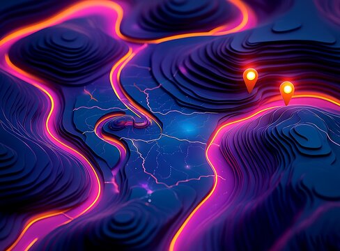 Abstract topographic map with glowing neon lines and location pins topography navigation - Powered by Adobe