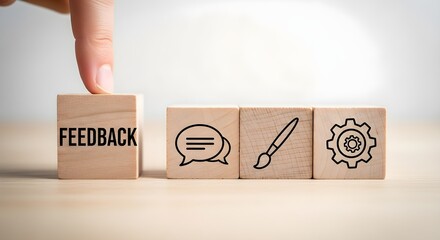 Hand Placing Feedback Block Next to Communication and Settings Icons Customer Service Concept