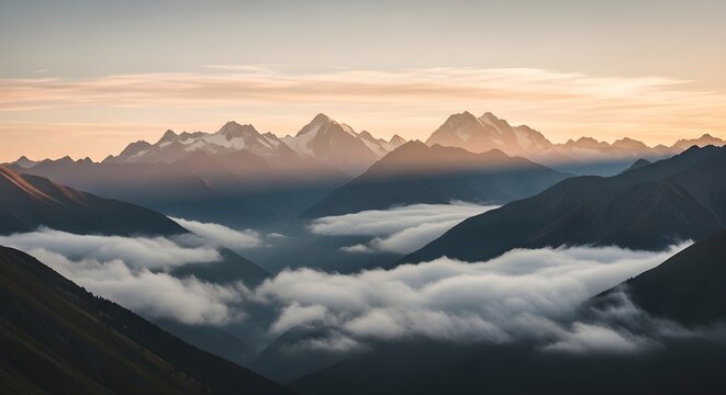 Majestic mountain peaks emerge from rolling fog layers at sunrise casting long shadows across the rugged terrain