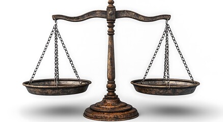 Antique bronze balance scale with empty pans on white background metal weighing