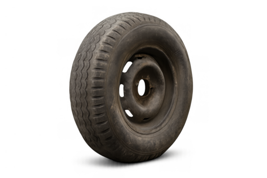 Dirty, weathered automotive wheel with rusted steel rim and worn tire, abandoned scrap symbolizing vehicle breakdown and waste - Powered by Adobe