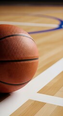 Obraz premium A textured basketball rests on a polished wooden basketball court with blue and white markings