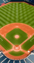 Aerial view of a baseball diamond with manicured green outfield grass and orange infield dirt