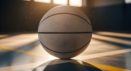 A close up view of a textured basketball resting on a polished wooden court with dramatic lighting