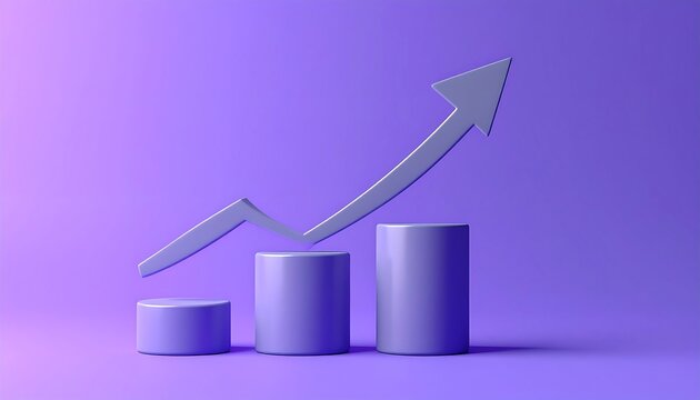 A 3D rendered graphic featuring three ascending cylindrical columns, an arrow pointing upwards, and a monochromatic purple background