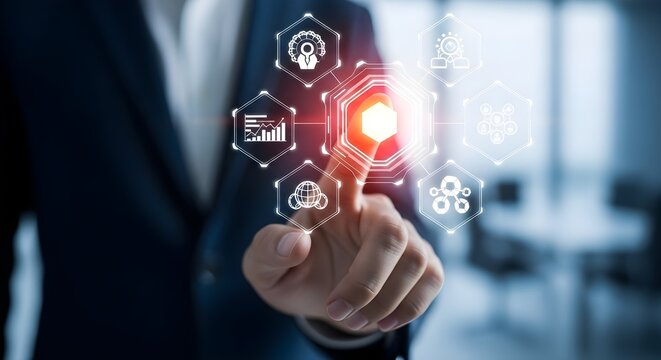 Businessman Hand Touching Glowing Digital Interface with Technology Icons Innovation Concept - Powered by Adobe