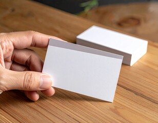 Obraz premium Hand Holding Blank White Card on Wooden Table with Green Botanical Leaves in Background Natural Theme