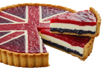 Gourmet deconstructed Union Jack tart, golden pastry, red glaze, blue compote. Slice pulled, revealing layered interior on transparent. Photorealistic macro, food styling concept