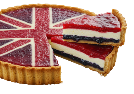Gourmet deconstructed Union Jack tart, golden pastry, red glaze, blue compote. Slice pulled, revealing layered interior on transparent. Photorealistic macro, food styling concept