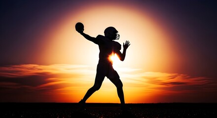Silhouette of an American football player throwing a ball against a vibrant sunset sky