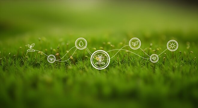 Green Grass Background with Connected Power Icons Renewable Energy and Sustainability Network Concept