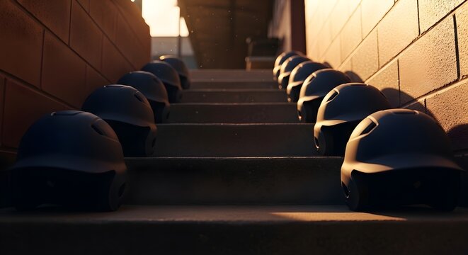 Rows of dark baseball batting helmets arranged on concrete steps illuminated by warm sunlight