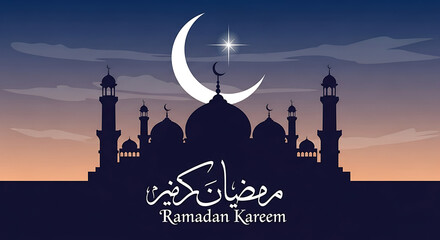 Ramadan kareem background with mosque silhouette and crescent moon illustration