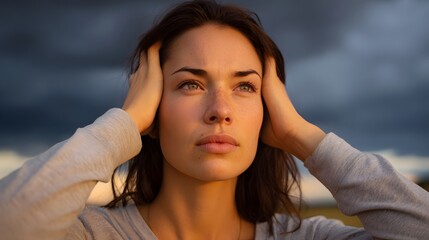 Woman with hands on temples looking upwards against dramatic stormy sunset sky bathed in golden light