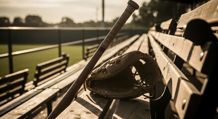 Baseball bat and glove resting on a wooden bleacher bench at a sports field