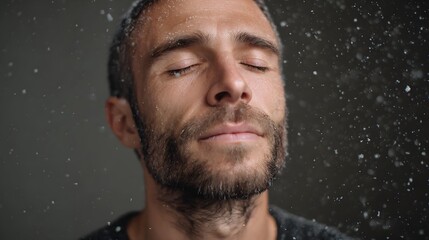 Close up portrait of a man with eyes closed his beard lightly covered in falling snow or water droplets conveying a serene and introspective mood