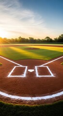 Baseball field with white base lines home plate and pitcher's mound under a bright sky
