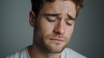 Fototapeta premium A man with closed eyes and a furrowed brow conveying deep sadness and pain