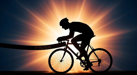 Obraz premium Silhouette of a cyclist breaking the finish line against a bright radiating sunburst