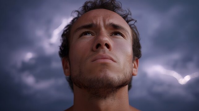A man with an intense furrowed brow gazes upwards into a dark stormy sky illuminated by lightning