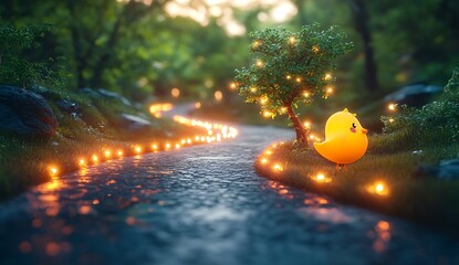 Cute yellow chick sits by a tree decorated with lights on a path bird animal