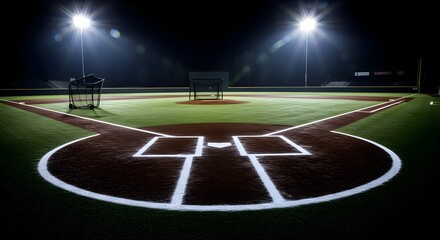 Illuminated baseball field at night with batting cage and home plate visible