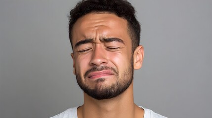 A man with closed eyes and a furrowed brow displays an expression of intense pain or distress