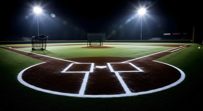 Illuminated baseball field at night with batting cage and home plate visible