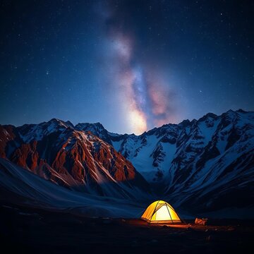 Chitral peaks bathed in Milky Way glow, tent light shimmers, night,  serene