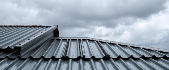 Grey corrugated metal roofing sheets angled against a brooding overcast sky,  material,   industrial background