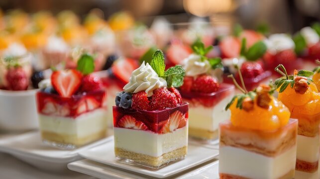A plate of assorted desserts, including a strawberry cheesecake, a blueberry cheesecake, and a fruit tart
