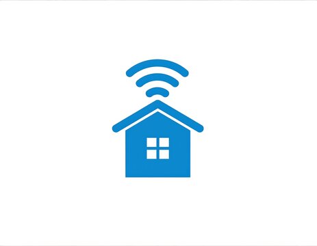 Blue minimalist house icon with WiFi signal above