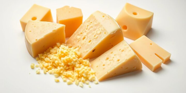 Grated cheese and cheese blocks arranged artfully on a pristine white background, breakfast, cheese - Powered by Adobe