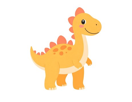A cartoon dinosaur with a cheerful expression and a yellow and orange color scheme against a white background